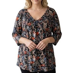 Lucky Brand V-Neck Womens Size 1X Navy Dark Floral Pleated Knit Cotton Modal